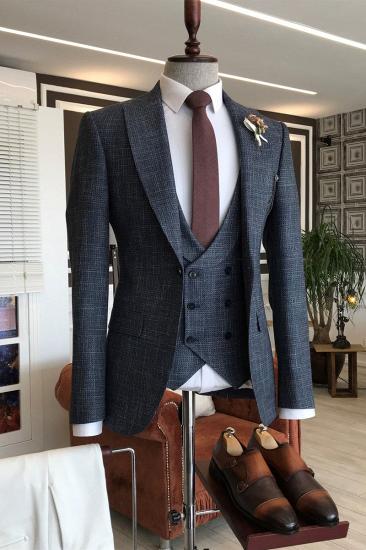 Titos New Arrival Black Plaid Double Breasted Peaked lapel Formal Menswear_1