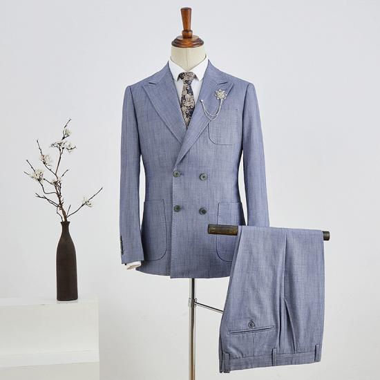 Ravenna Trendy blue plaid peaked lapel double breasted custom business suit_2