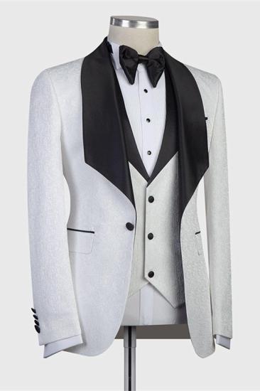 Markos White Jacaquard Three-Pieces Wedding Groom Suits with Black Shawl Lapel_2