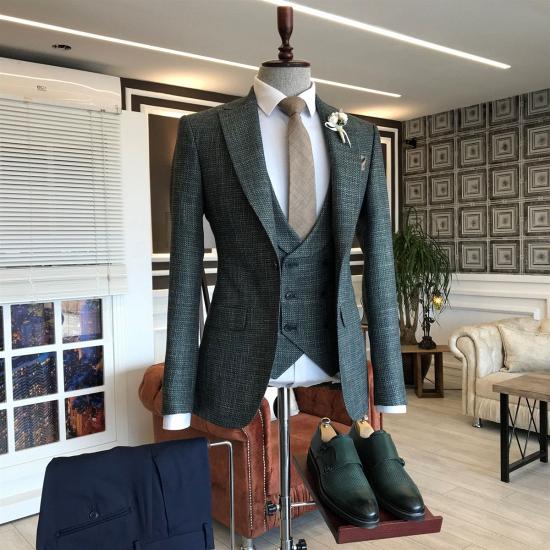 Scarlett Formal Black Plaid 3-Pieces Peaked Lapel Slim Fit Business Suits For Men_2