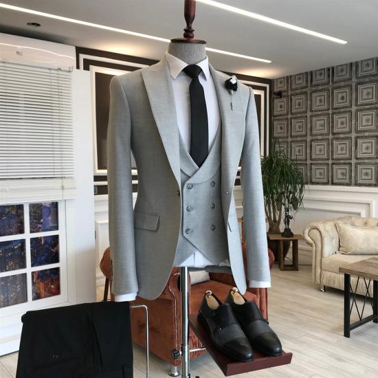 Mia Light Gray One Button Peaked Lapel Slim Fit Business Men Suits_2