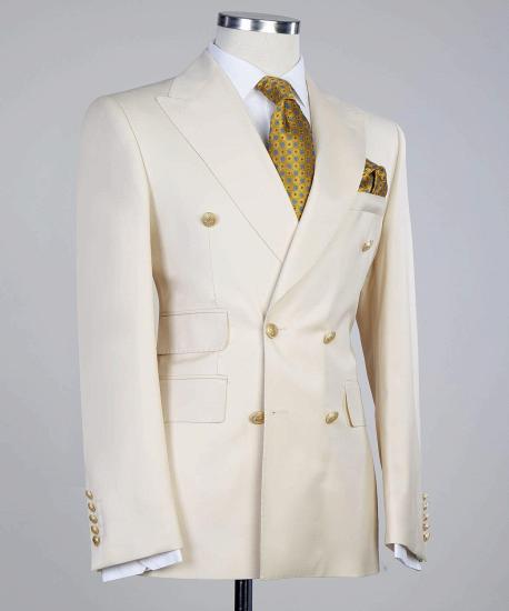 Unique Creamy White Double Breasted Stylish Peaked Lapel Slim Fit Men Suits_3