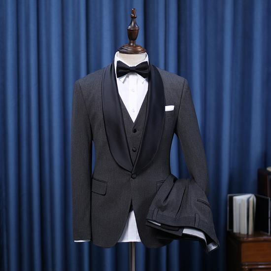 Evelyn Elegant All Black One Button Three-Pieces Men's Wedding Suit_2