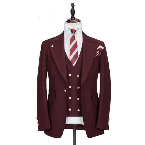 Fashion Burgundy Peaked Lapel One Button Men Suits_5
