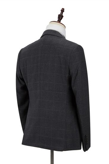 Fashion Dark Gray Plaid Peak Lapel 3 Piece Men's Suit with Double Breasted Waistcoat_2