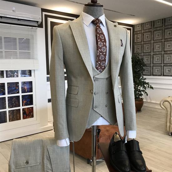 Martina Light Brown Small Plaid Peaked Lapel 3 Flaps Business Men Suits_2