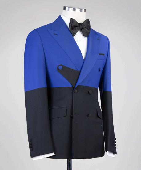 Fashion Saprkly Blue And Black Double Breasted Peaked Lapel Prom Suits_2