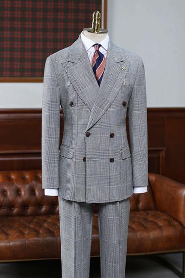 François Gentle Gray Plaid Peaked Lapel Double Breasted Bespoke Men Suit For Business