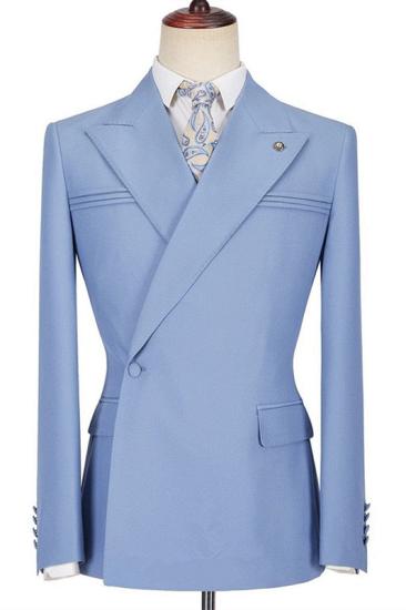 New Arrival Blue Slim Fit Peaked Lapel Ruffles Fashion Prom Men Suits With One Side Button