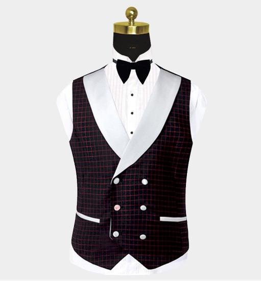 Chic Burgundy Checkered White Lapel Three Pieces Prom Men Suits_3