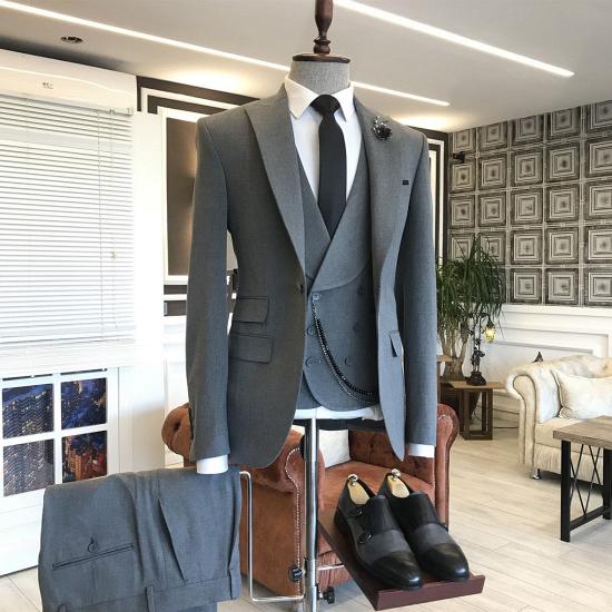 New Arrival Dark Gray 3-pieces Peaked Lapel One Button Formal Business Suits_2