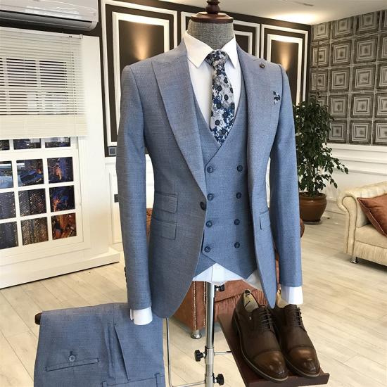 Blitzkrieg Modern Blue Small Plaid Peaked Lapel Slim Fit Business Suits For Men_2