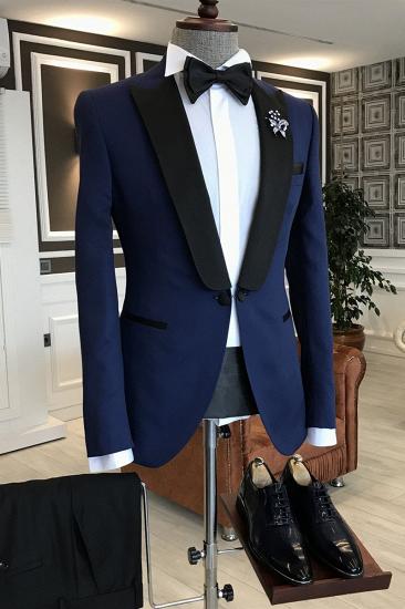 Evelyn Trendy Navy Blue Mixed Black Peaked Lapel One Button Slim Fit Prom Men Suit_1
