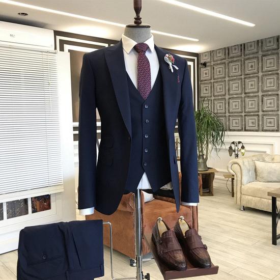 Thomas Newest Navy Blue Peaked Lapel Slim Fit Men Suits For Business_2