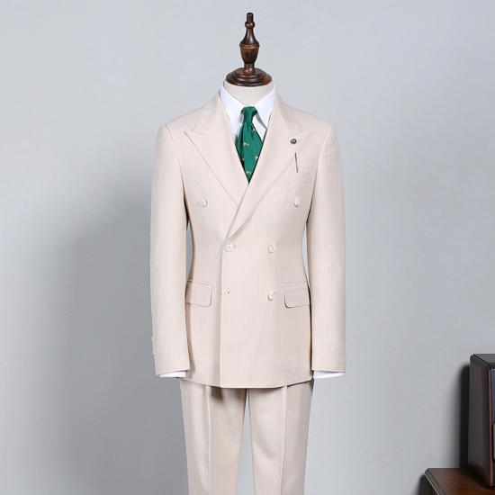 Fjorgrune Stylish Light Khaki Striped Double Breasted Bespoke Suit_2