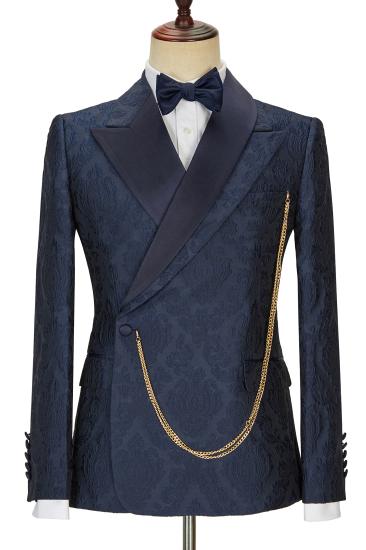 New Arrival Navy Blue Slim Fit Jacquard Peaked Lapel Wedding Men Suits