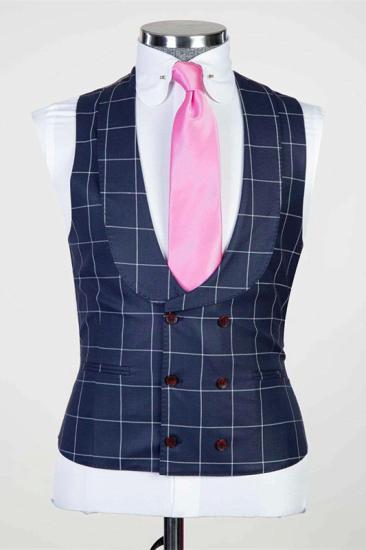 Advanced Dark Navy Plaid Peaked Lapel Slim Fit Men Suits for Business_2