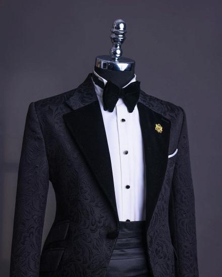 Tassos Popular Black Jacquard Notched Lapel Two Pieces Prom Suits_2