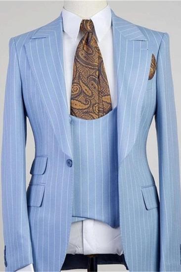Stylish Blue Stripe Peaked Lapel Three Pieces Men Suits
