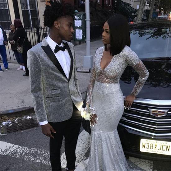 Jaxon Chic Silver Sequins Peaked Lapel Two Piece Prom Men Suits_2