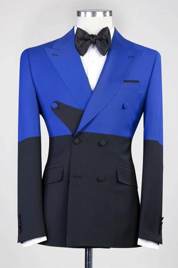 Fashion Saprkly Blue And Black Double Breasted Peaked Lapel Prom Suits