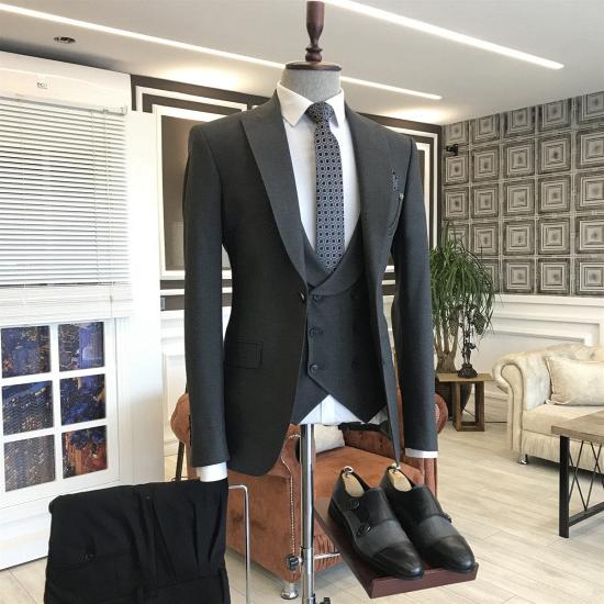 Eirene All Black Peak Collar Slim Fit Three Piece Men's Suit_2