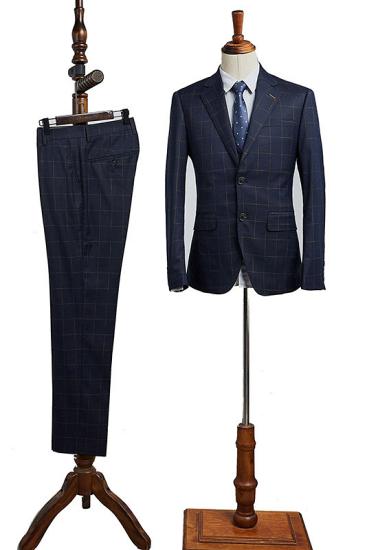 Samuel Advanced Navy Blue Plaid Notched Lapel 2 Button Slim Fit Business Suit