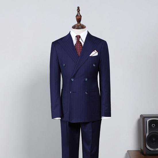 Stylish Navy Blue Striped Double Breasted Slim Fit Custom Business Suit_2