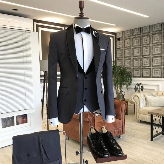 Pelagia Modern Black Notched Lapel Slim Fit 3-pieces Business Men Suits_2
