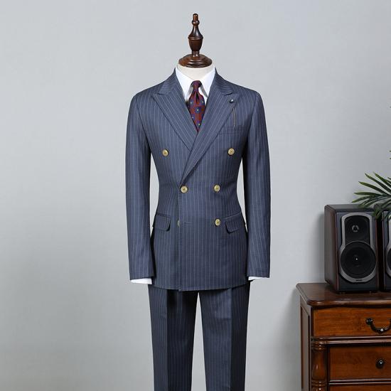 Classical Blue Striped Peaked Lapel Tailored Business Suit_2