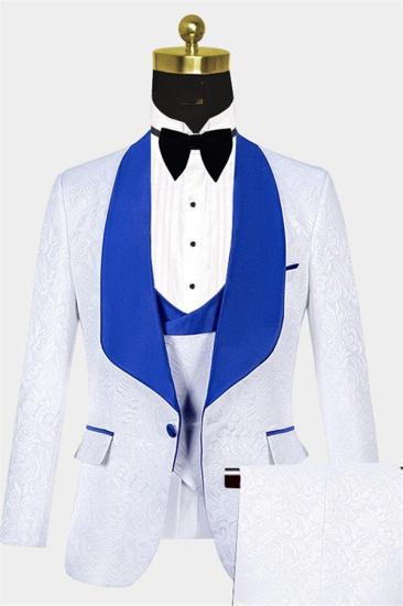 White Jacquard Tuxedo with Blue Huge Shawl Lapel Three Pieces Prom Suits Sale