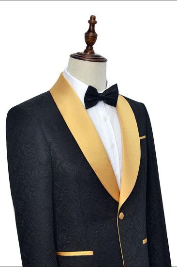 Magnus Gold Shawl Lapel One Button Wedding Tuxedo | Black Jacquard Thaddeus Prom Suits_3