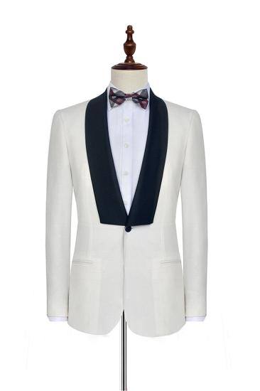 Finnegan Black Knife Collar Classic White Wedding Tuxedos | One Button Wedding Suits for Men_3