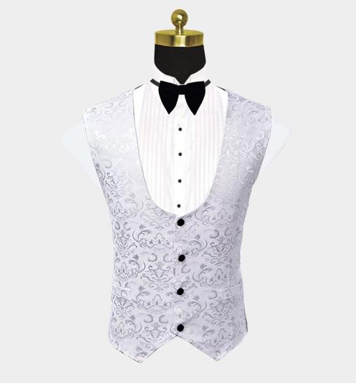 Gorgeous White Damask Prints Huge Silk Shawl Lapel  Tuxedo | Classic Three Pieces Dinner Men Suits_3