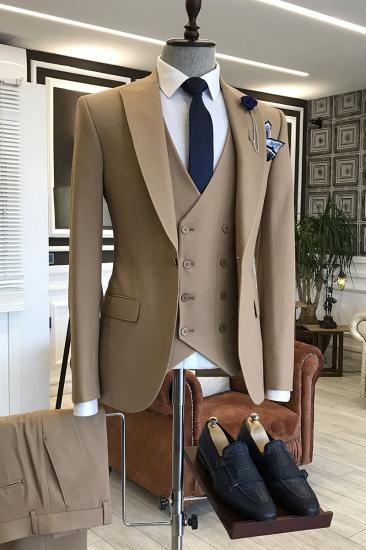 Formal Solid Brown Peaked Lapel Men Business Suits | Happnessmall_1