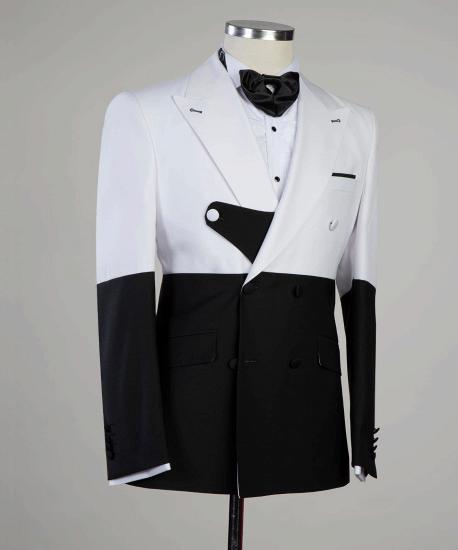 Unique White and Black Splicing Peaked Lapel Slim Fit Men Suits_2