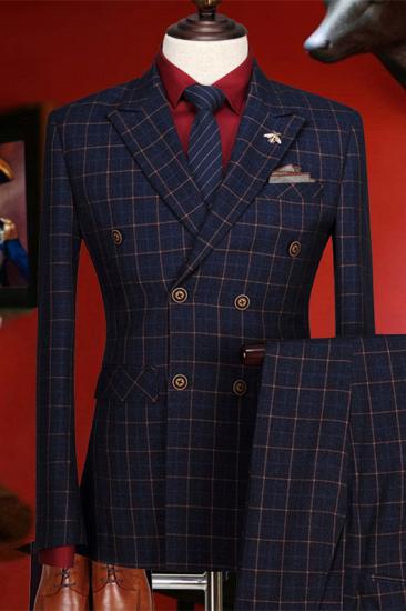 Chic Dark Blue Plaid Peaked Lapel Double Breasted Prom Suits