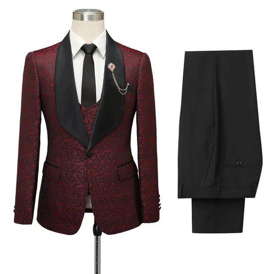 Fashionable Burgundy single button shawl lapel jacquard groom set_5