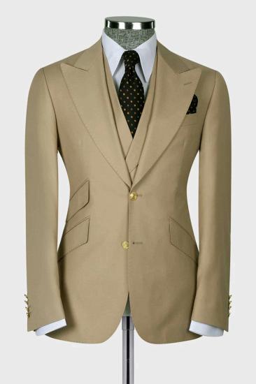 Stylish Khaki 3 Piece Peaked Lapel Slim Fit Men Suits With Classic Vest_2