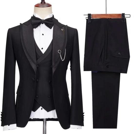 Lennox New Special Design All Black Three Pieces Peaked Lapel Men's Suits_2