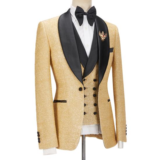 Fashionable Sparkly Golden Shawl Lapel  Three Pieces Men Suits For Wedding | Happnessmall_3