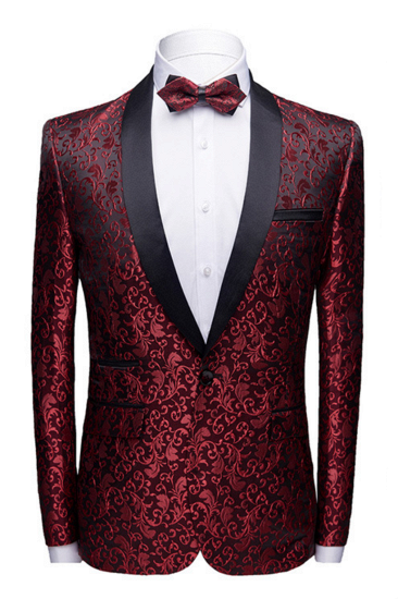 Fashion Burgundy Jacquard Wedding Tuxedos | Shawl Lapel Black Satin Men's Prom Suits_1