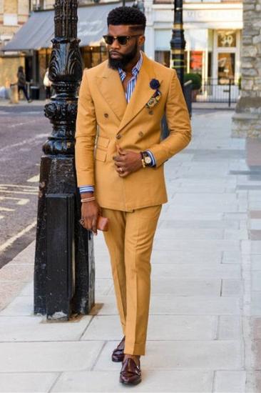 Close Fitting Chic Yellow Double Breasted Peaked Lapel Bespoke Men Suits_1