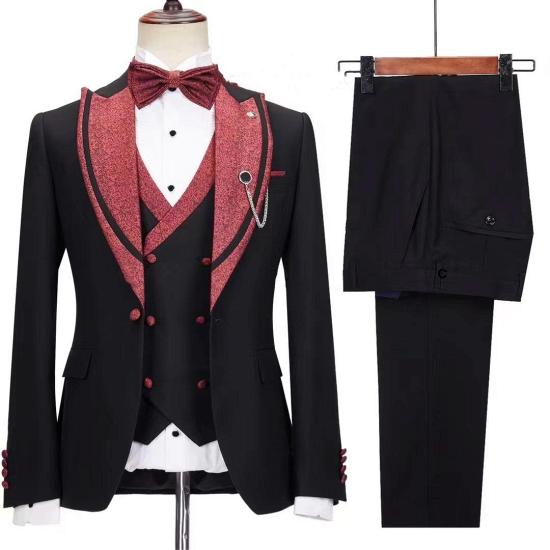 Lennox New Special Design Black Three Pieces Peaked Lapel Prom Suits_2