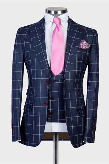 Advanced Dark Navy Plaid Peaked Lapel Slim Fit Men Suits for Business
