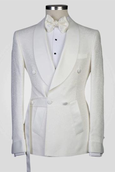 Chic White Jacquard Shawl Lapel Double Breasted Men Suits for Wedding With Belt