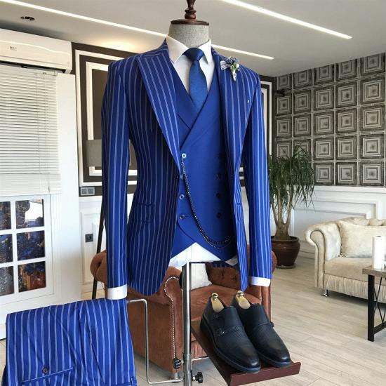 Popular Blue Striped Peaked Lapel  3-pieces Formal Men Suits | Happnessmall_2