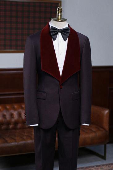 Sébastien Stylish Burgundy 2 Pieces With Velvet Lapel Wedding Suit For Grooms_1
