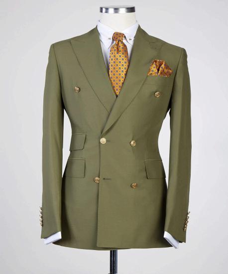 Stylish Olive Green Peaked Lapel Double Breasted Close Fitting Prom Suits_3