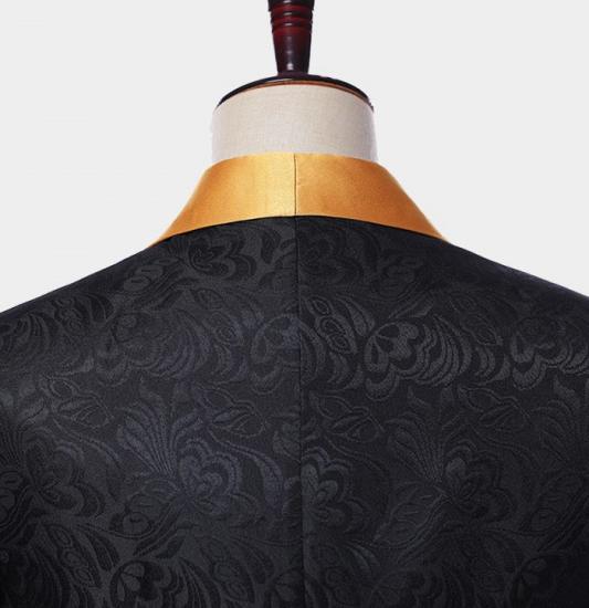Gorgeous Black Jacquard Tuxedo with Gold Shawl Lapel | Three Pieces Men Suits_4